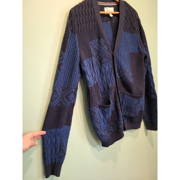 Sun & Stone Blue Patchwork V Neck Chunky Grandpa Cardigan Sweater Sz M - Picture 2 of 8